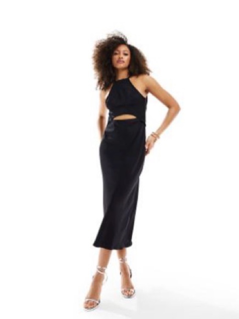 NWT ✨ ASOS Black Halter Satin Midi Dress with Waist Cutout